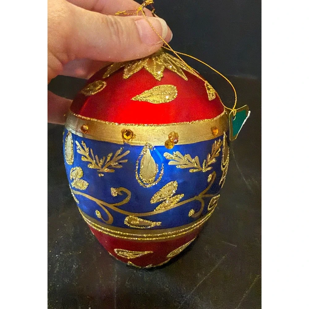 Large Egg Christmas Holiday Ornament Red Blue Gold Glitter Rhinestone‎ Glass